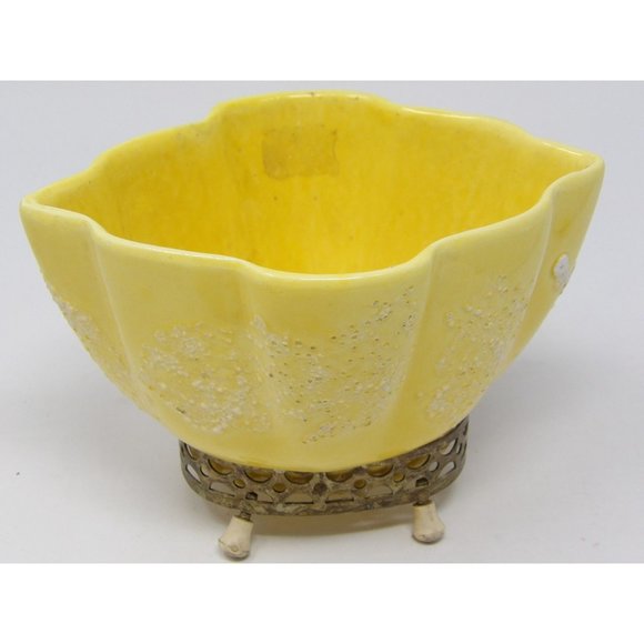 Vintage MCM Mid-Century Modern Yellow Splatter Glaze Vase Planter on Brass Stand - Picture 2 of 10